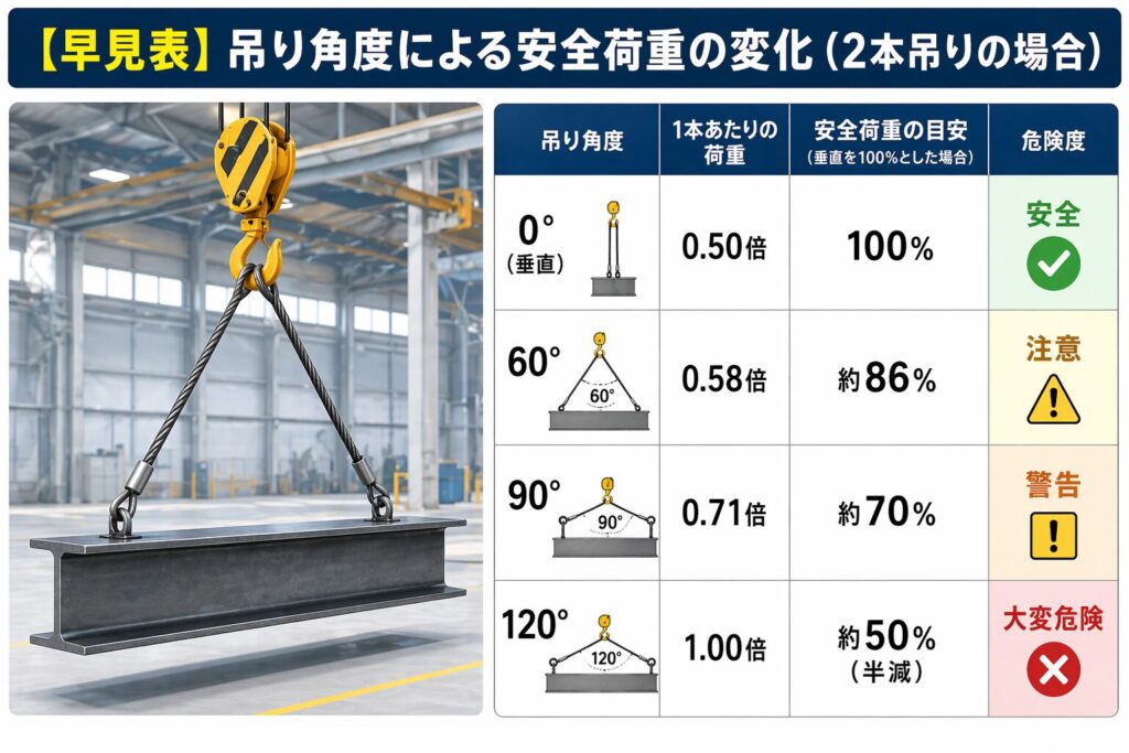 【早見表】吊り角度による安全荷重の変化
