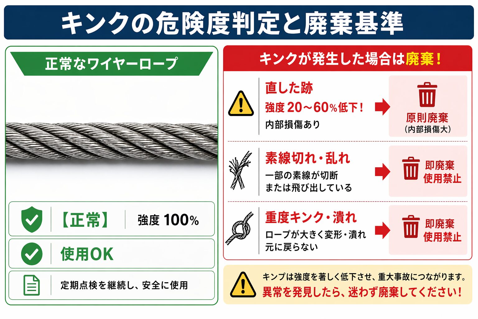 【図解】ワイヤーロープのキンク廃棄基準|強度低下20〜60%の危険性と判定方法 | ニッサンスチール 安全と信頼を支える現場から