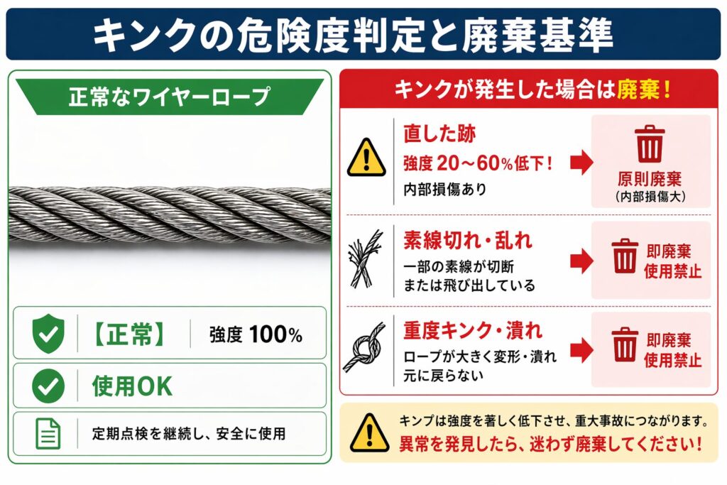 タイトル: キンクの危険度判定と廃棄基準

左側（正常）: 綺麗なワイヤーロープの写真。テキスト：「正常」「強度100%」「使用OK」。

中央（見た目は直した状態）: キンクを直した跡があるが、歪んでいる写真。テキスト：「直した跡」「強度20〜60%低下！（赤文字で強調）」「内部損傷あり」「原則廃棄」。

右側（重度キンク）: 完全に潰れたキンクの写真。テキスト：「重度キンク」「素線切れ」「即廃棄・使用禁止」。
