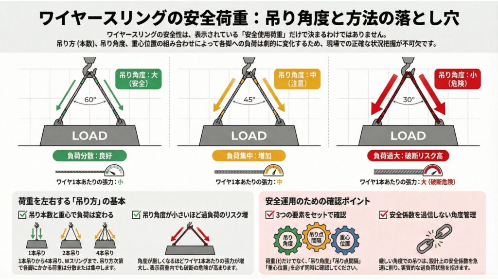 ワイヤースリングの安全荷重：吊り角度と方法の落とし穴