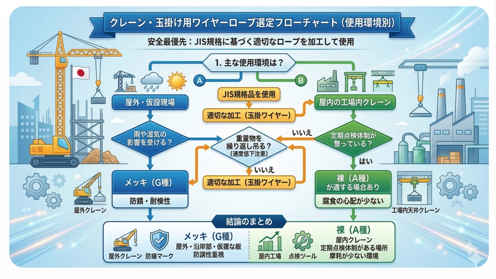 クレーン・玉掛け用ワイヤーロープ選定フローチャート（使用環境別）