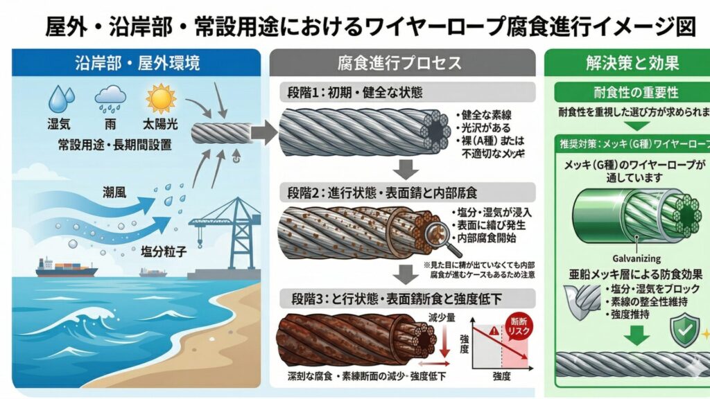 野外・沿岸部・常設用途におけるワイヤーロープ腐食進行イメージ図