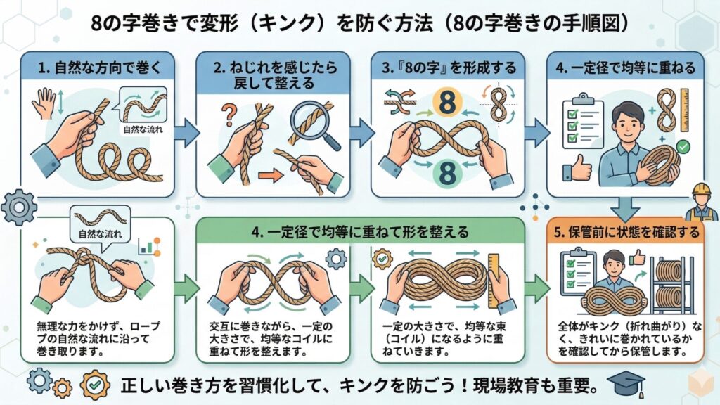 8の字巻きで変形（キンク）を防ぐ方法（８の字巻きの手順図
