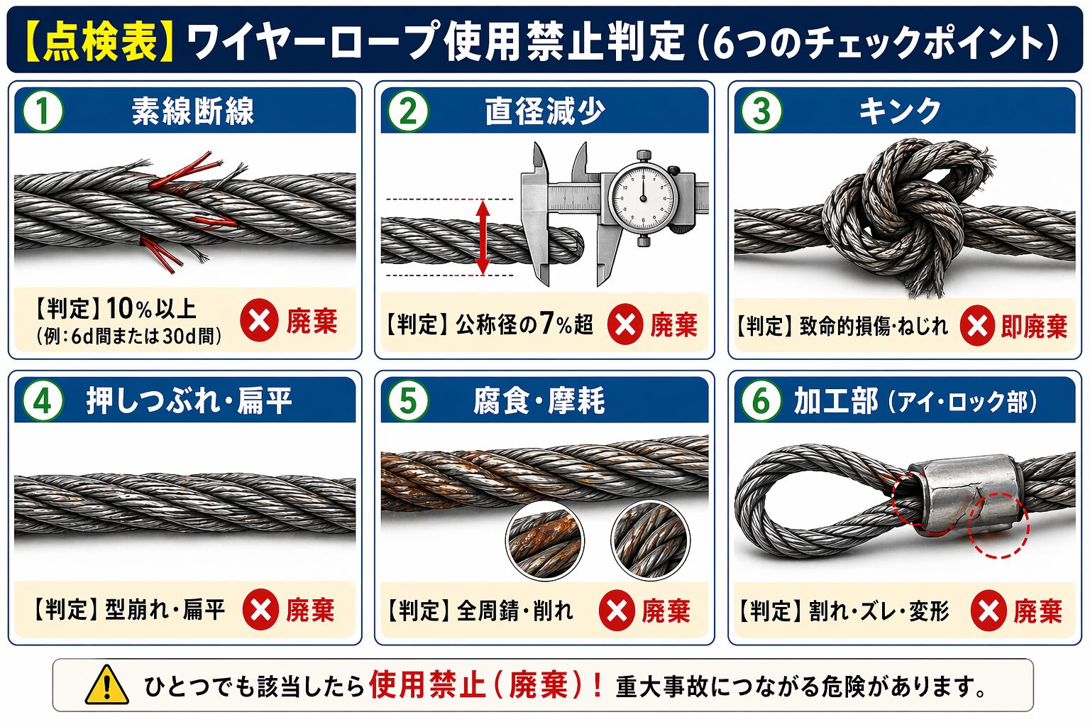 【点検表付き】ワイヤーロープの使用禁止基準|断線・径減少・キンクの判定方法 | ニッサンスチール 安全と信頼を支える現場から