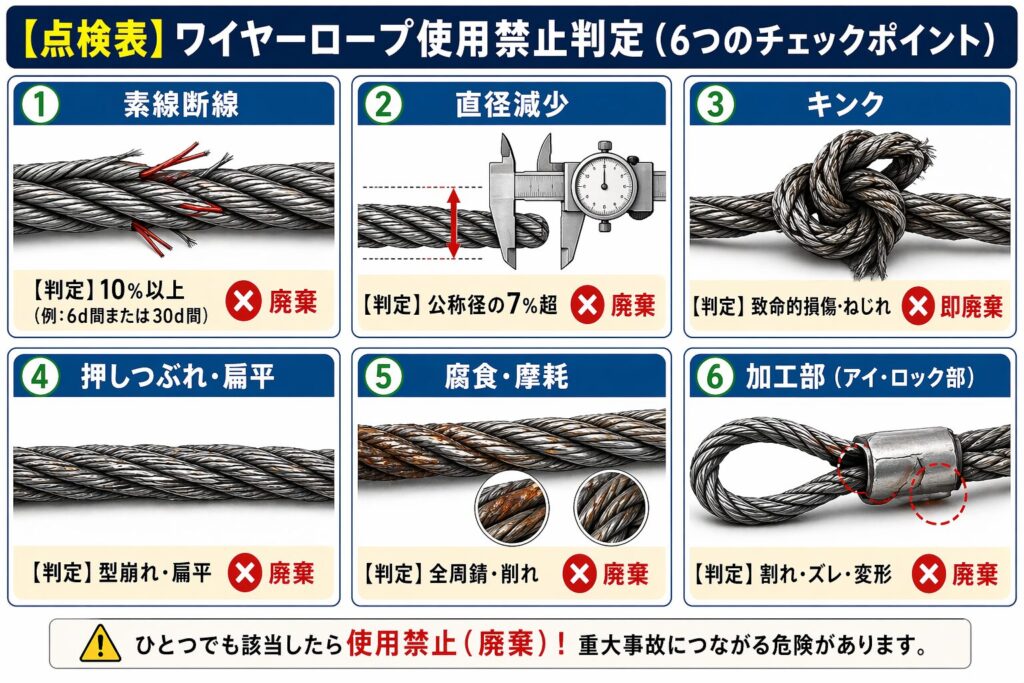 一目でわかる！ワイヤーロープ使用禁止判定の点検表